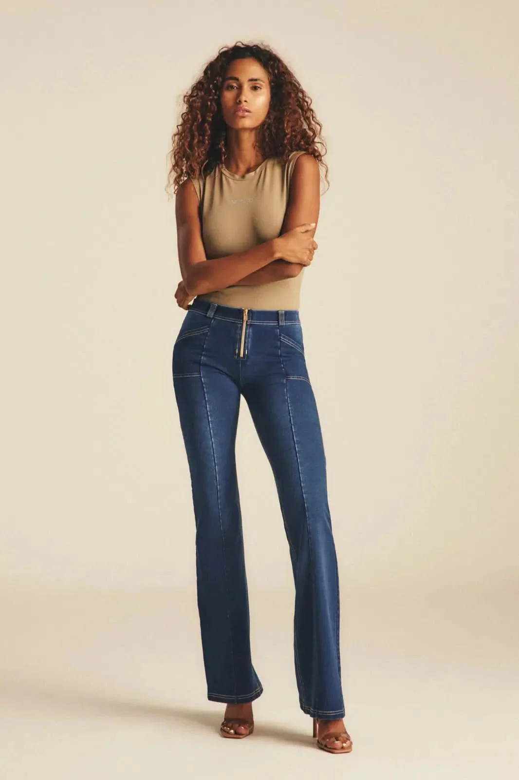WRUP Denim with Gold Zip - Mid Rise - Flare - Dark Blue + Beige Stitching - Image 3