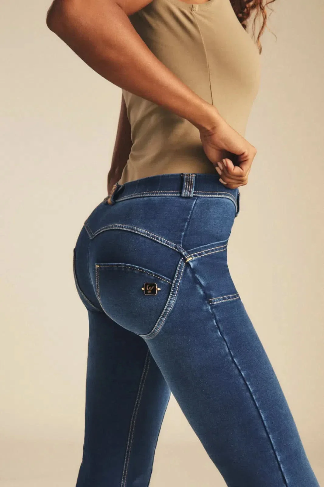 WRUP Denim with Gold Zip - Mid Rise - Flare - Dark Blue + Beige Stitching - Image 5