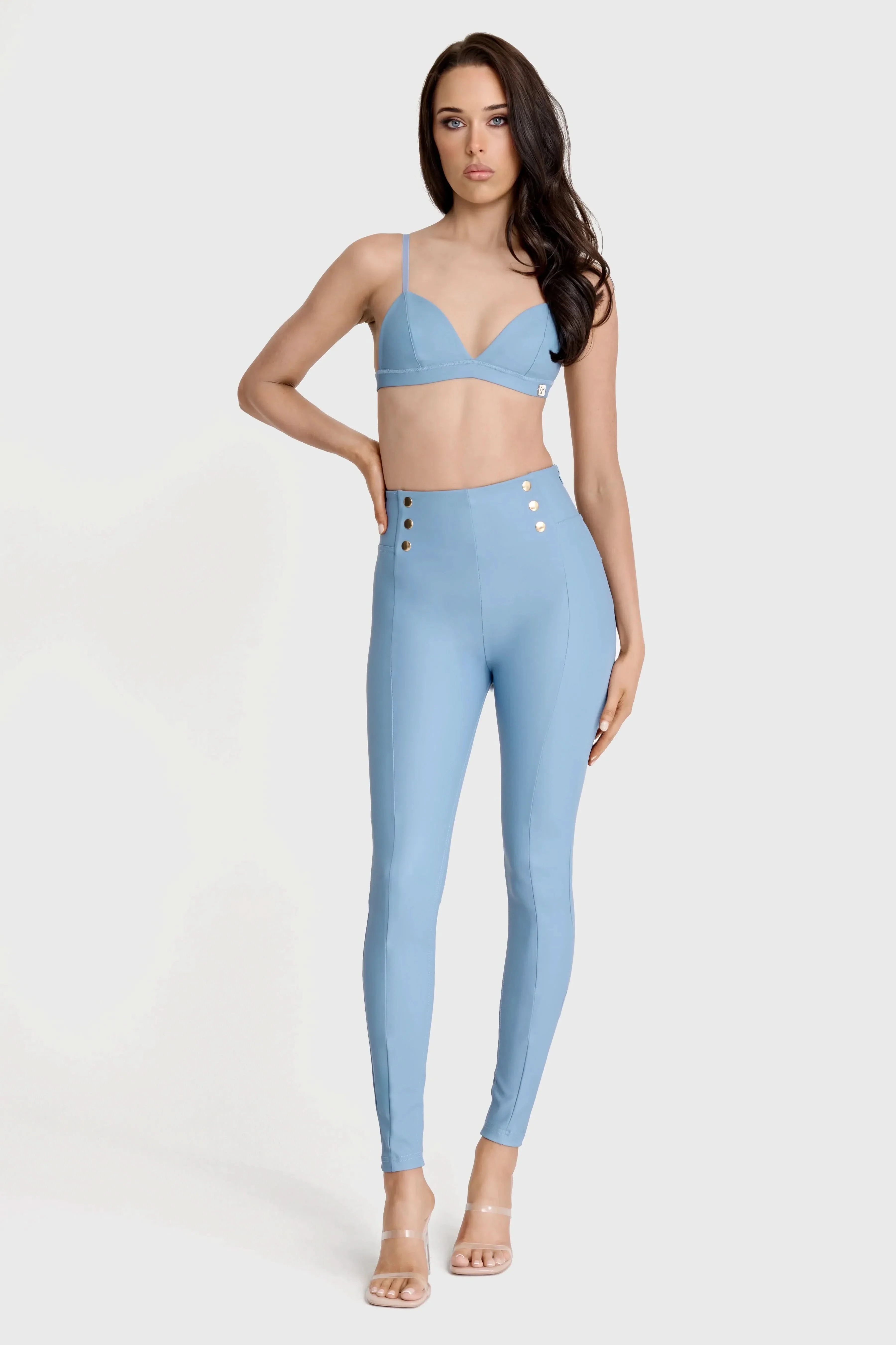 WRUP Faux Leather with Button Detail - Super High Waisted - Full Length - Baby Blue - Image 2