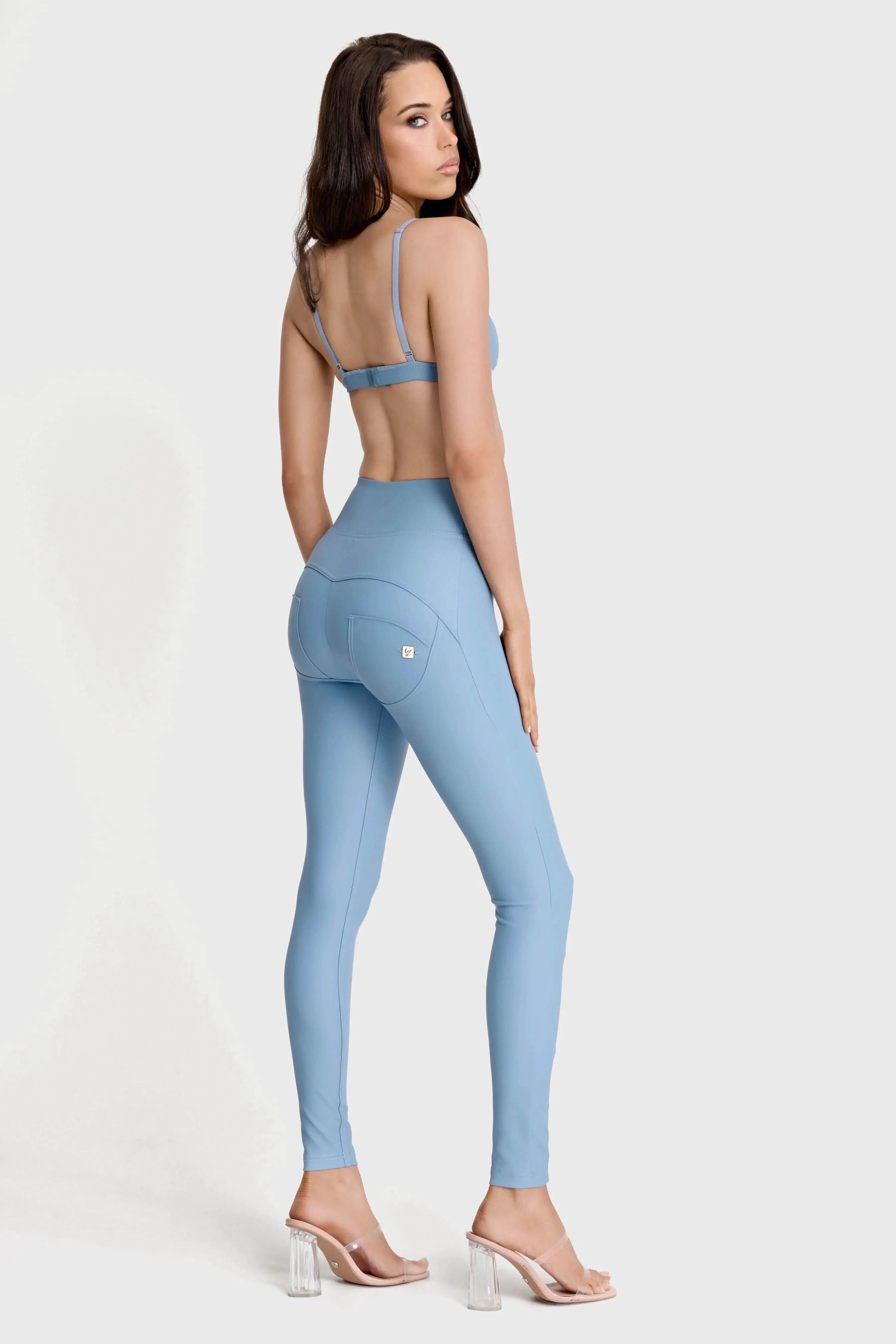 WRUP Faux Leather with Button Detail - Super High Waisted - Full Length - Baby Blue - Image 3
