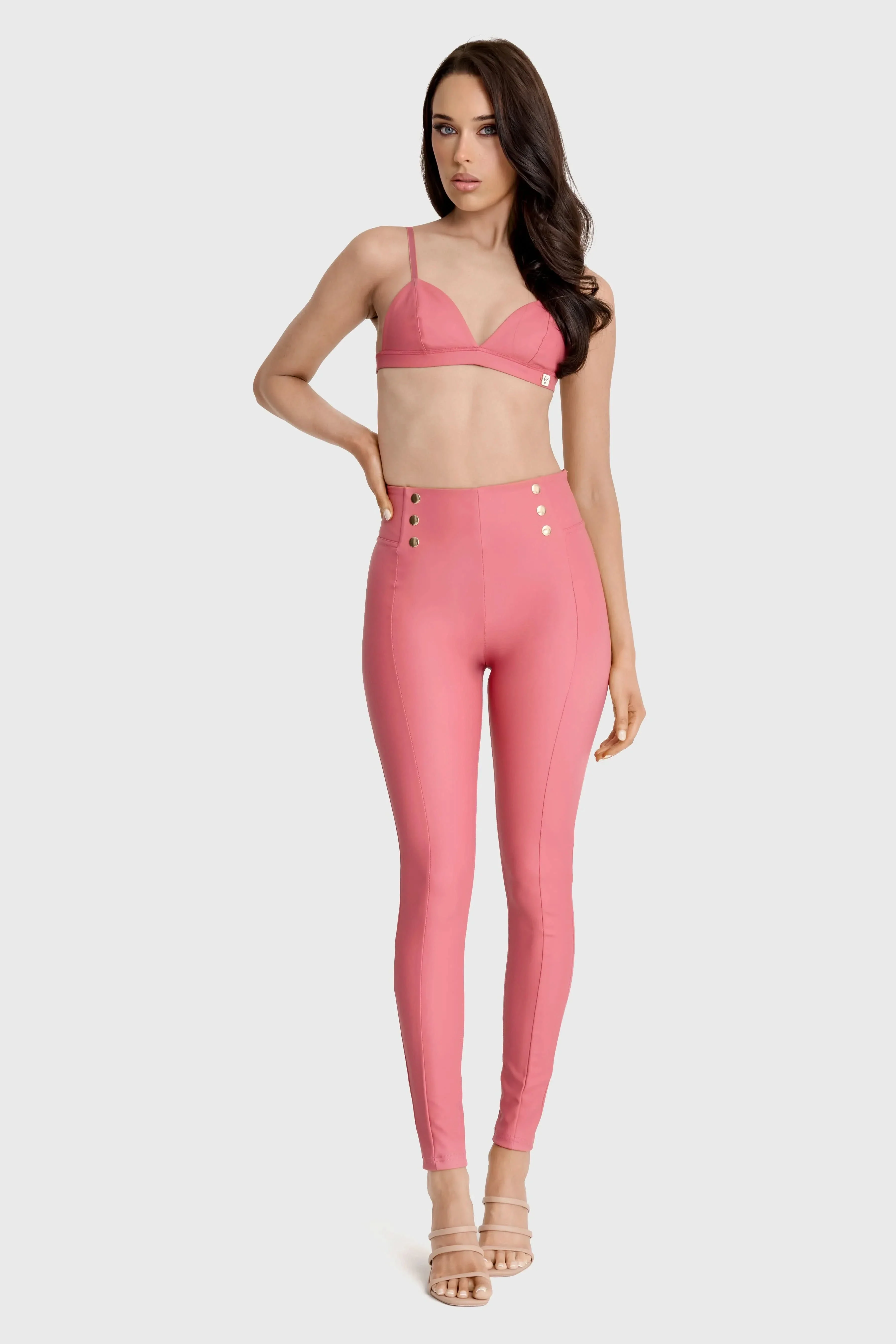 WRUP Faux Leather with Button Detail - Super High Waisted - Full Length - Rosey Pink - Image 5
