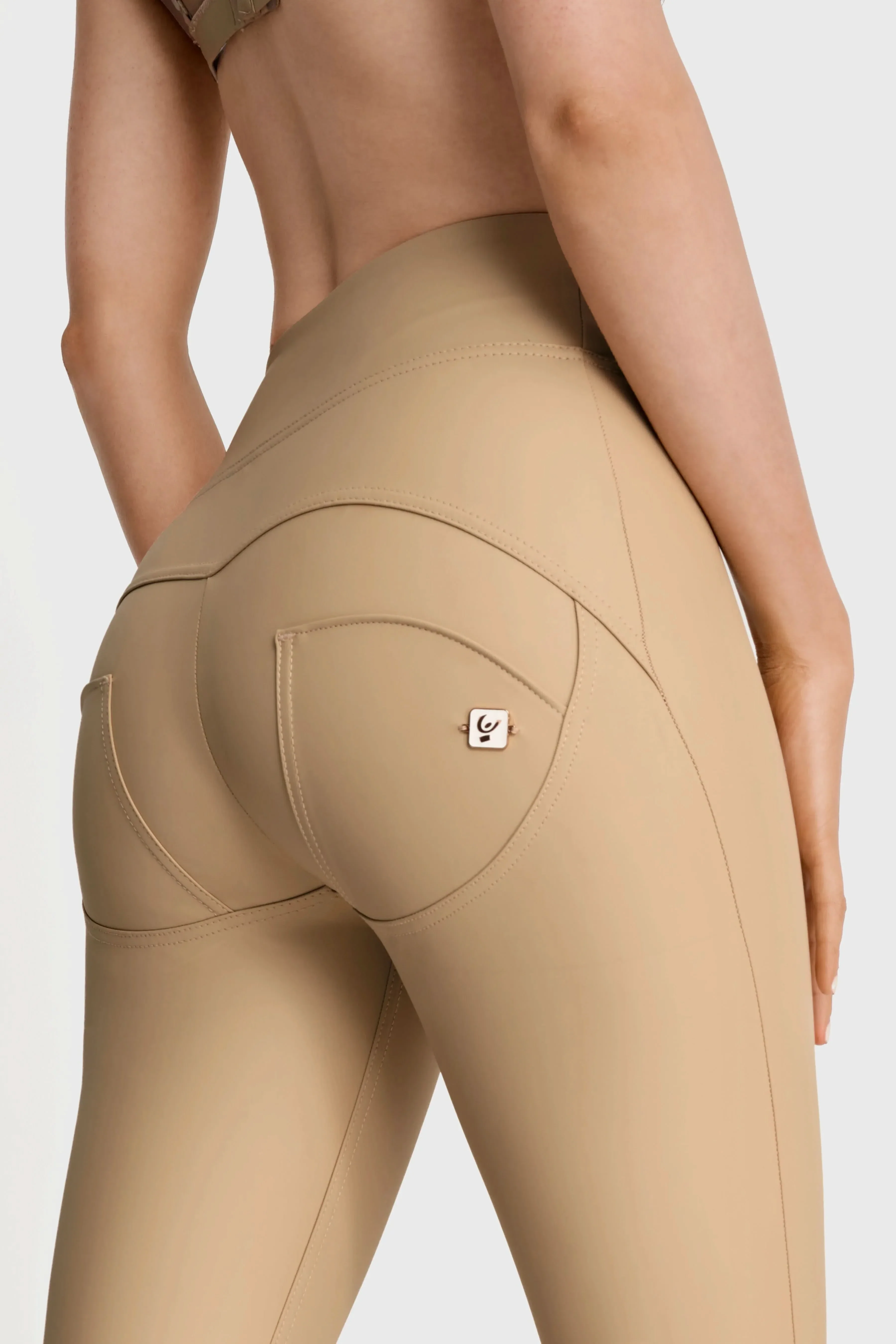 WRUP Faux Leather with Button Detail - Super High Waisted - Full Length - Sand - Image 10