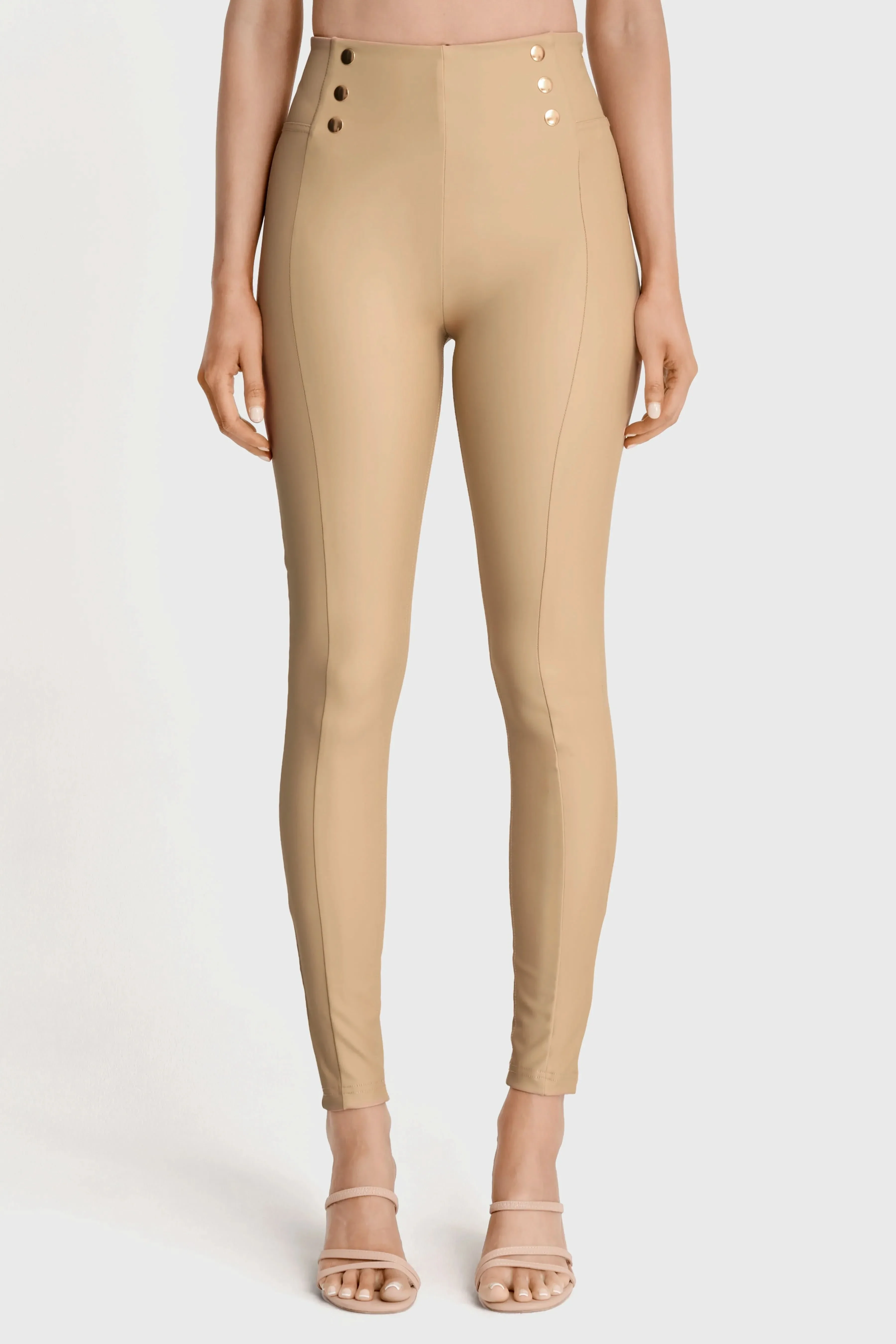WRUP Faux Leather with Button Detail - Super High Waisted - Full Length - Sand - Image 2