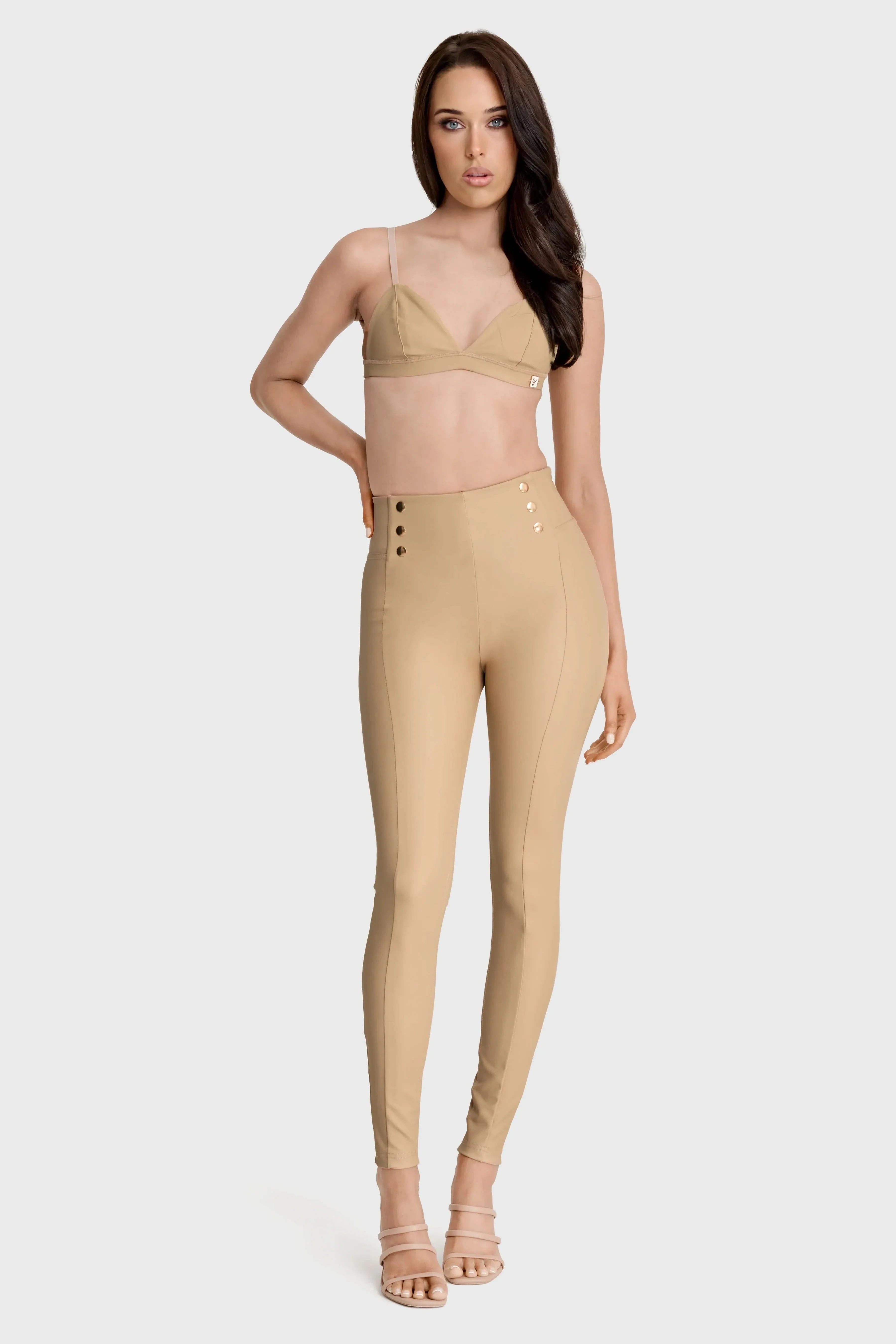 WRUP Faux Leather with Button Detail - Super High Waisted - Full Length - Sand - Image 3