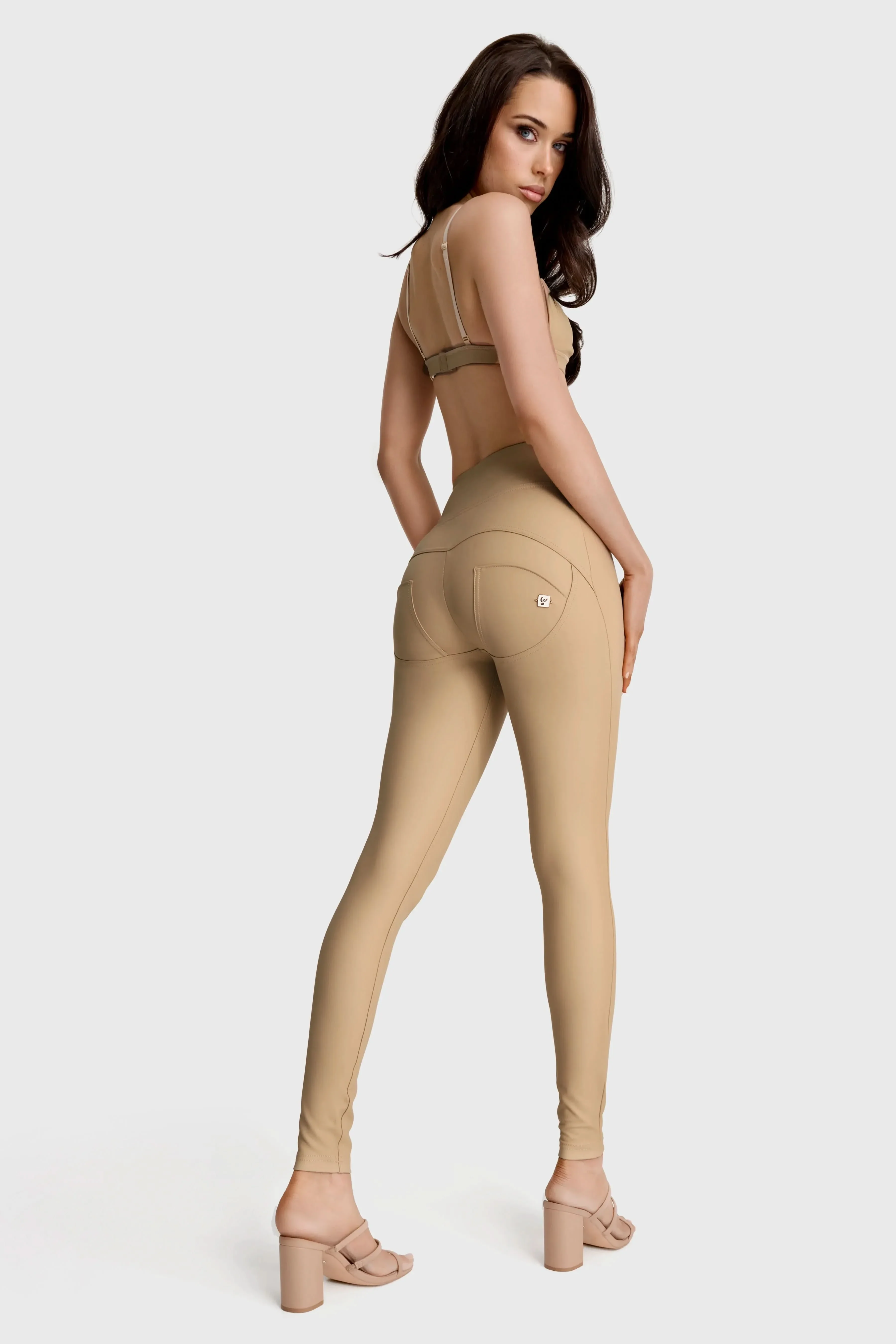 WRUP Faux Leather with Button Detail - Super High Waisted - Full Length - Sand - Image 4