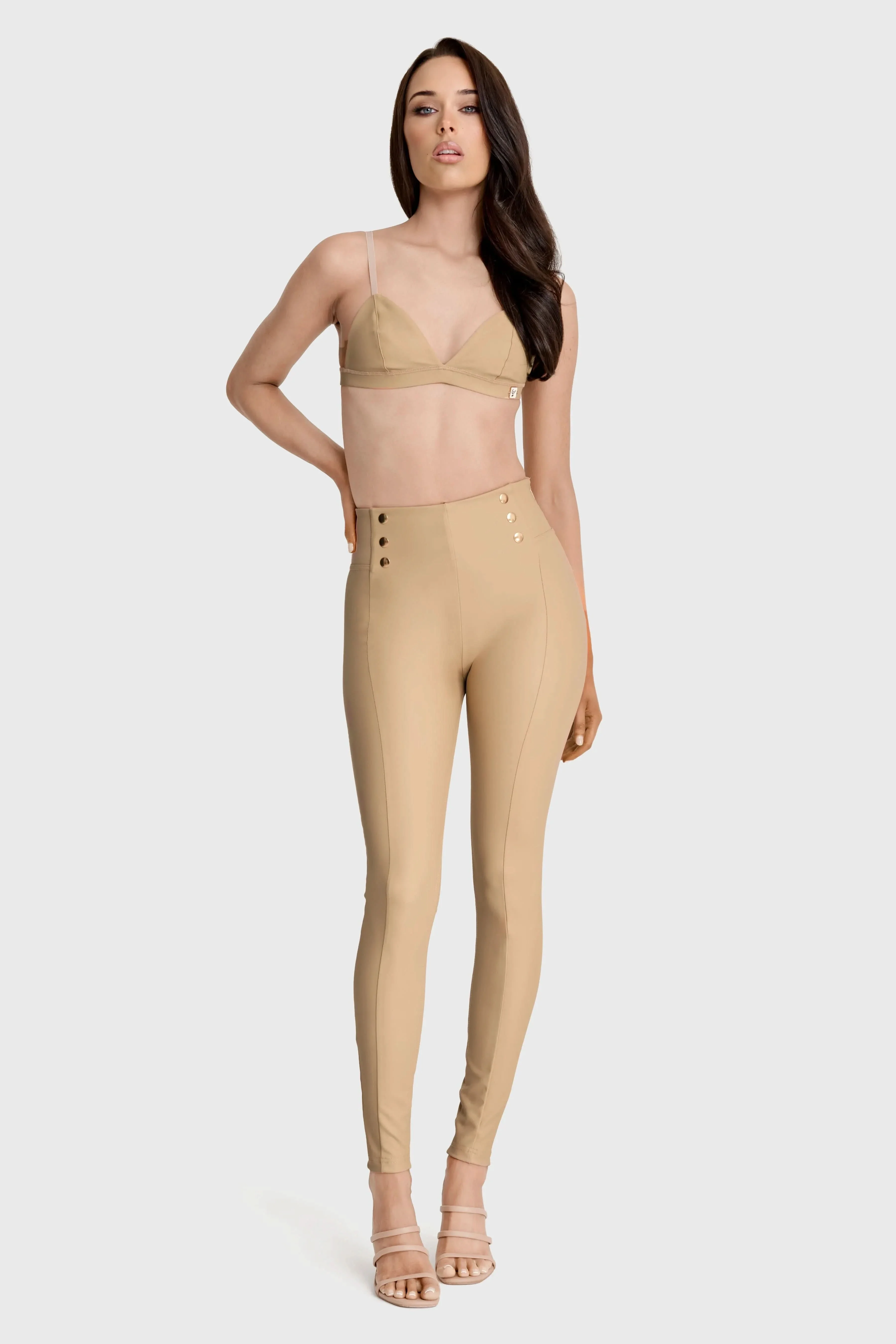 WRUP Faux Leather with Button Detail - Super High Waisted - Full Length - Sand - Image 5
