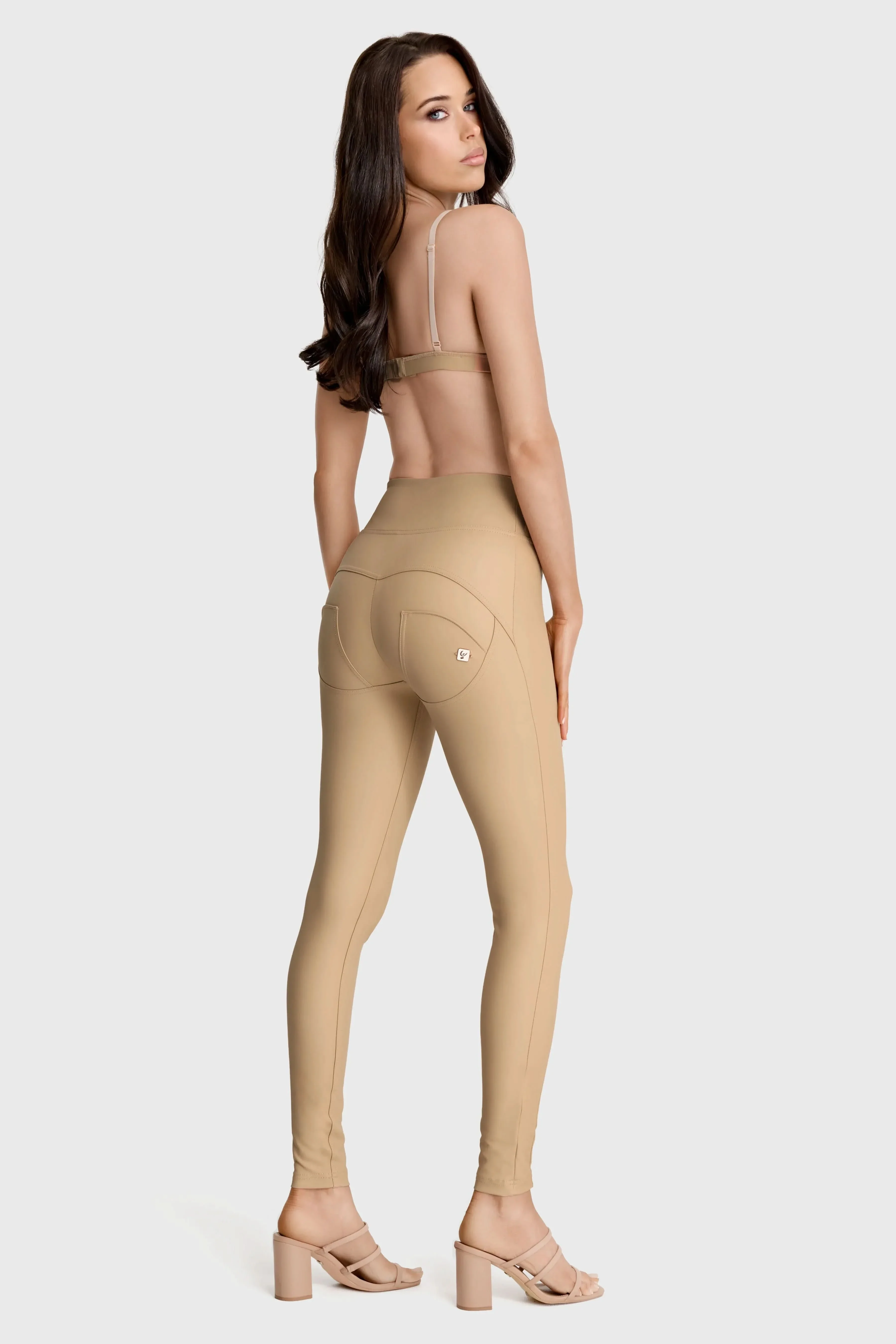 WRUP Faux Leather with Button Detail - Super High Waisted - Full Length - Sand - Image 6