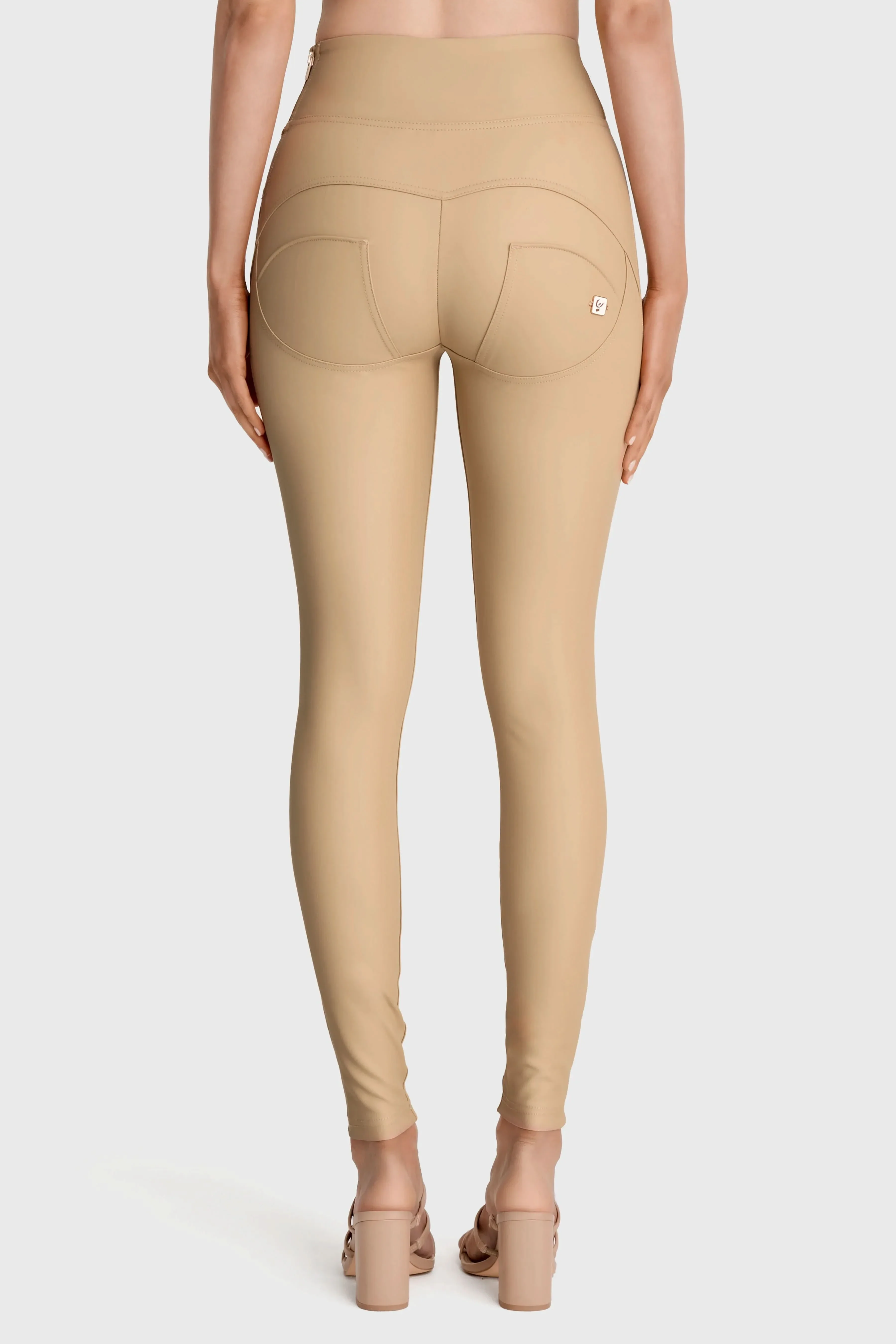 WRUP Faux Leather with Button Detail - Super High Waisted - Full Length - Sand - Image 7