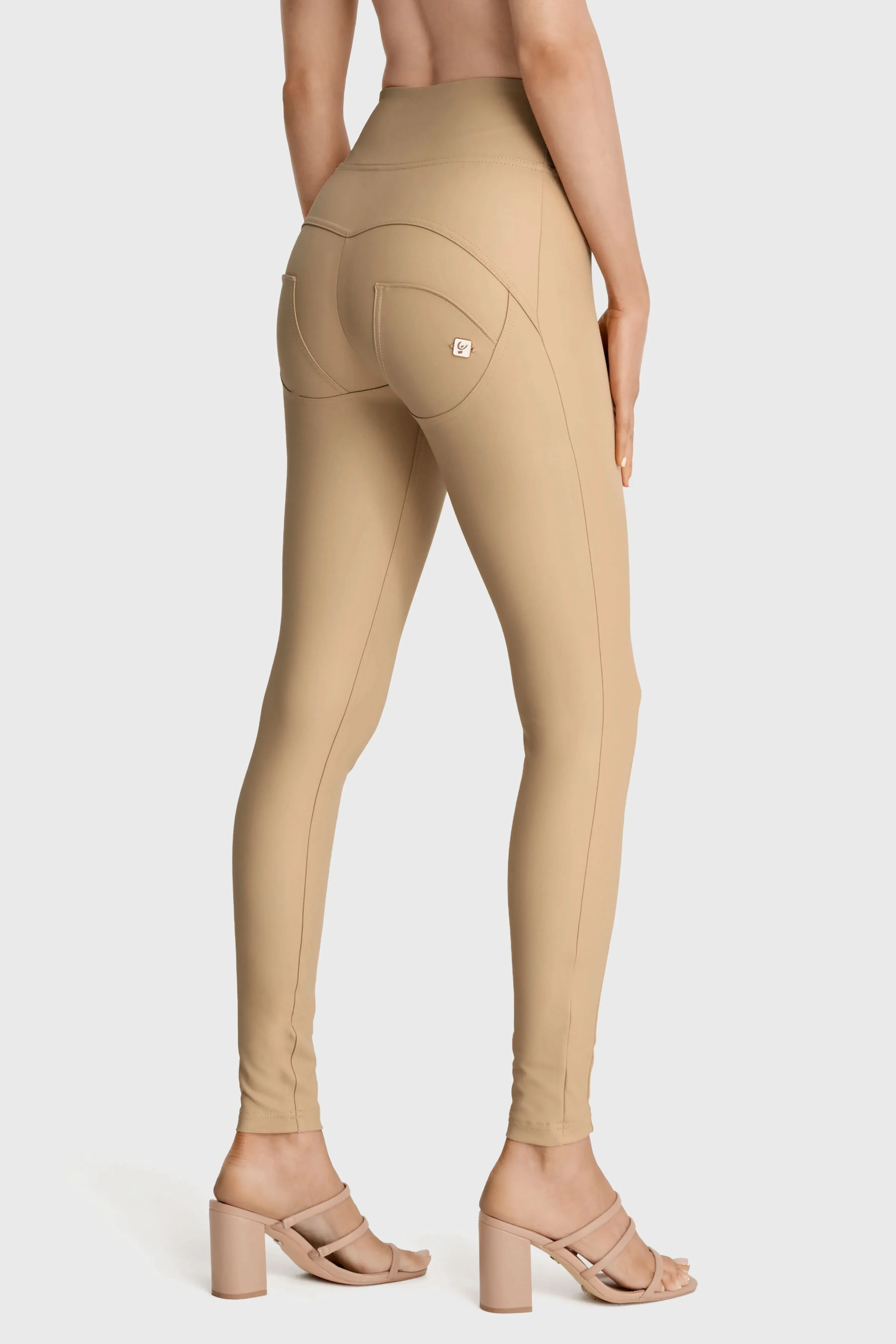 WRUP Faux Leather with Button Detail - Super High Waisted - Full Length - Sand - Image 8