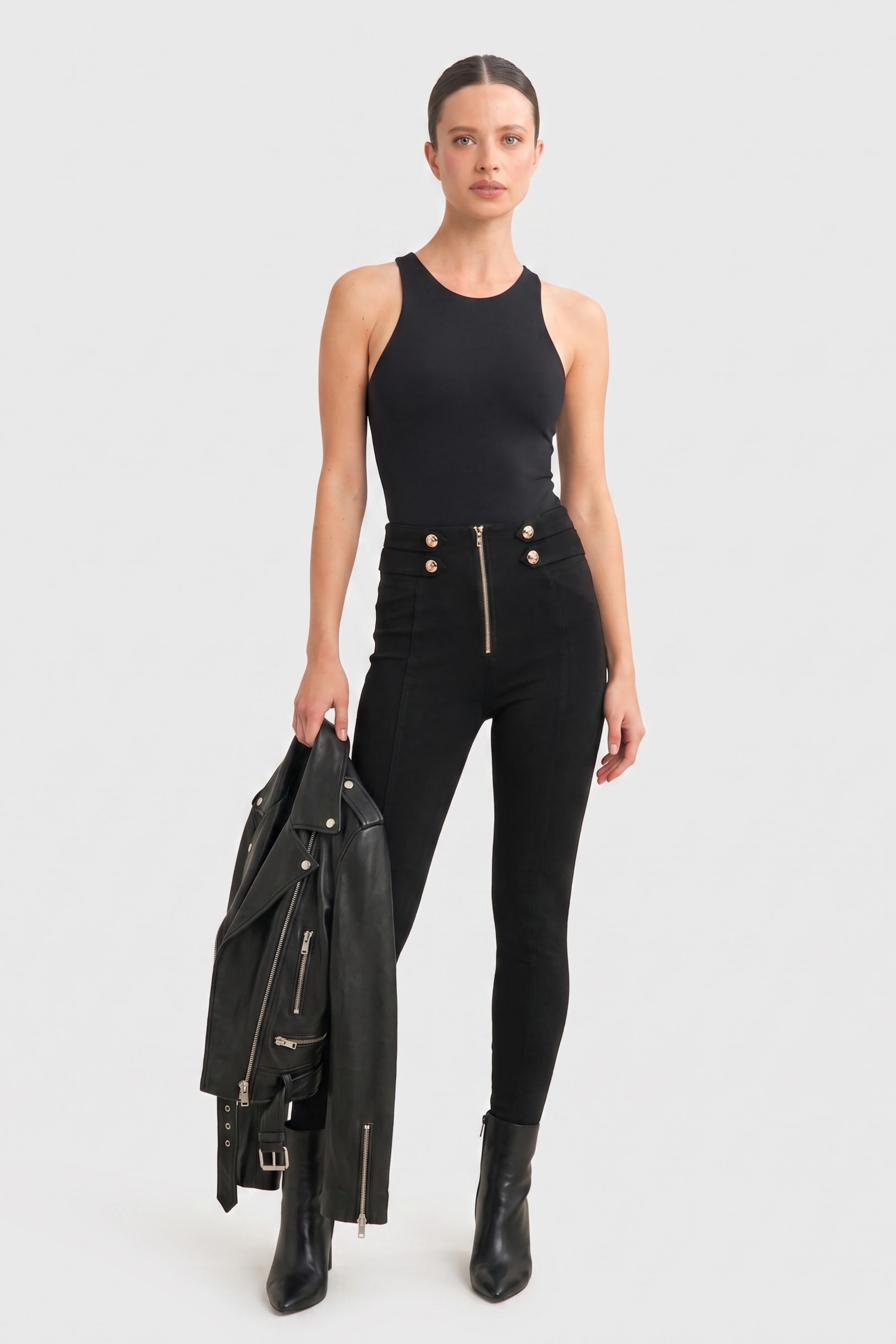 WRUP Military Button Detail Fashion - High Waisted - Ankle Length - Black - Image 3
